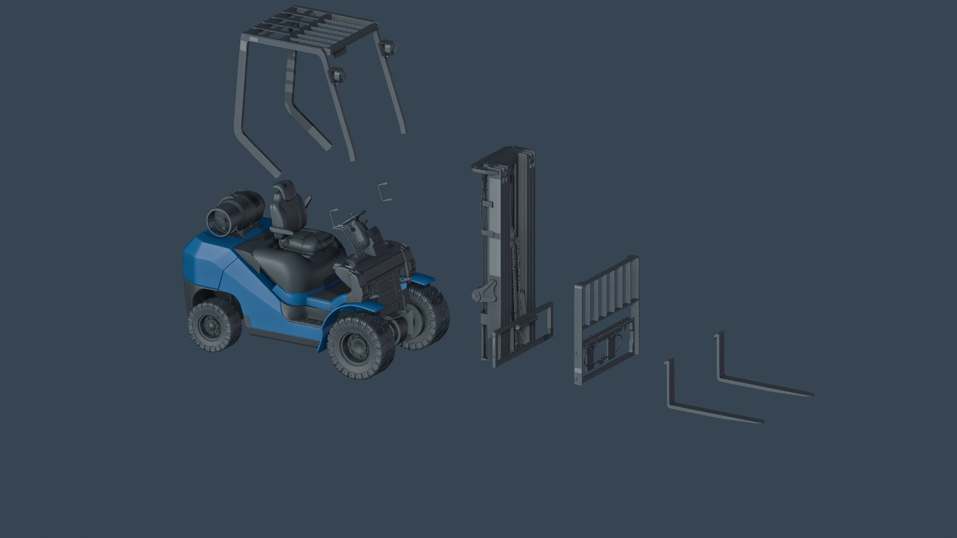 The major assemblies separated: truck body, overhead guard, mast, carriage, and two forks.