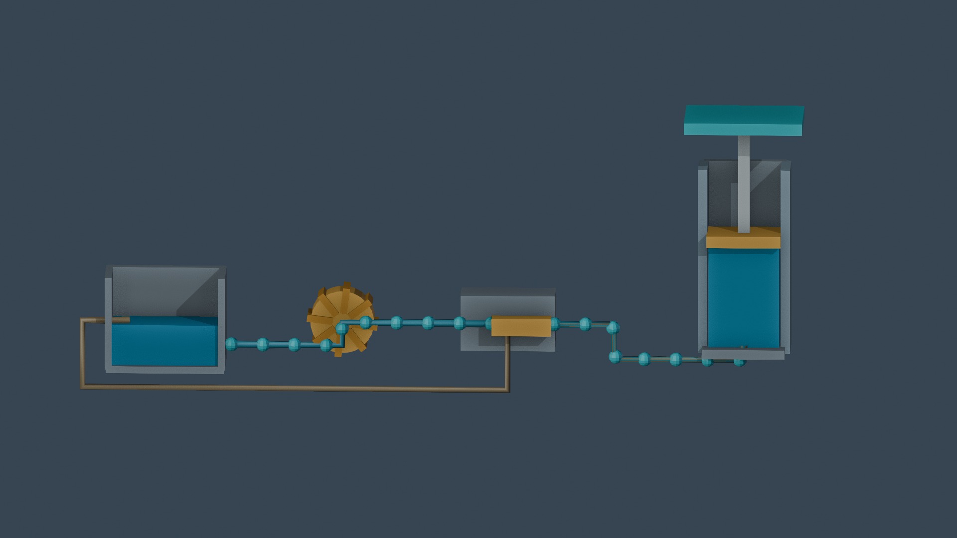 From left to right: tank, pump, control valve, and lift cylinder. Blue fluid and moving markers illustrate the oil paths.