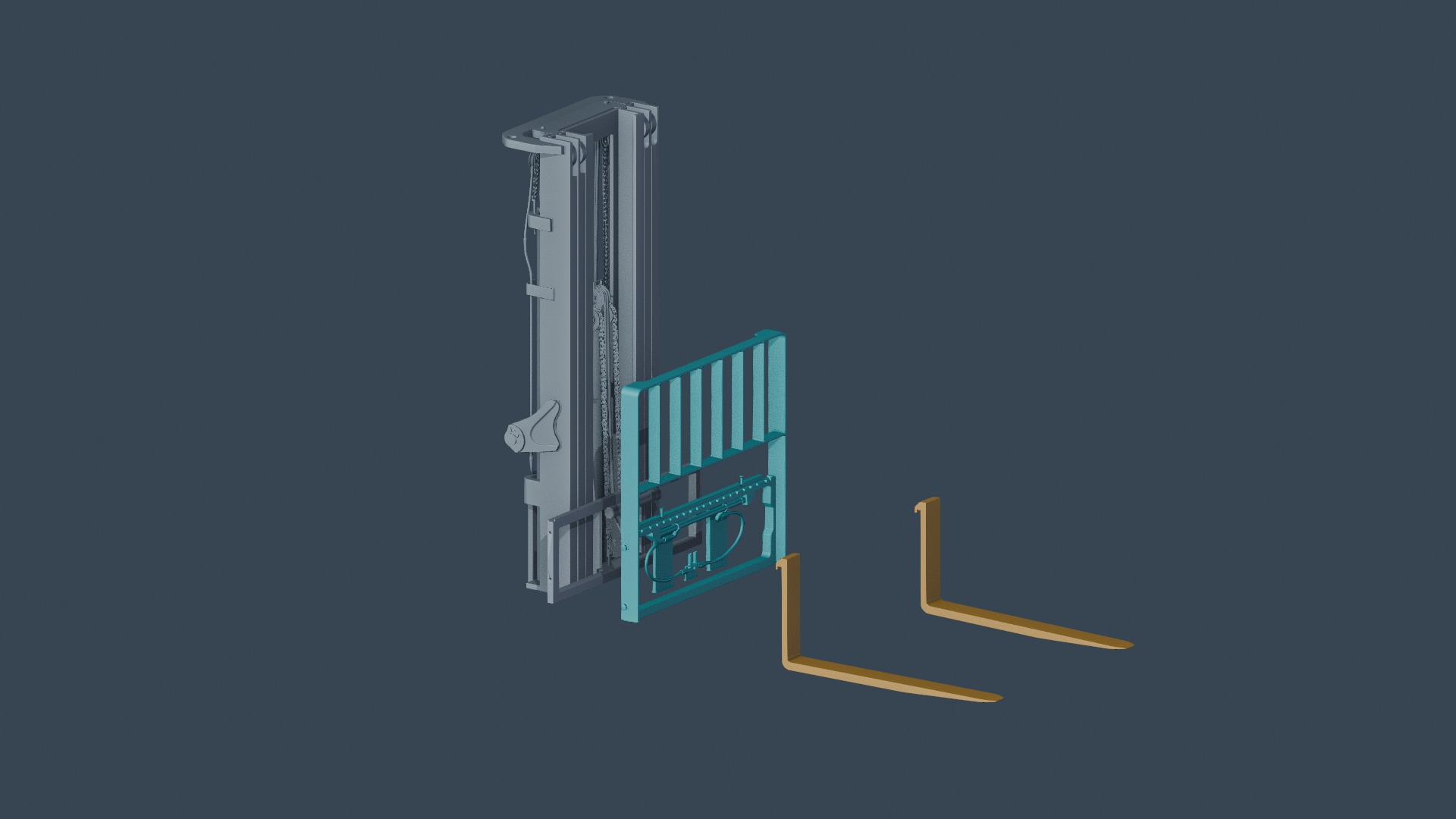 The horizontal blades support the pallet. The upright sections attach to the carriage; the load backrest extends above it.