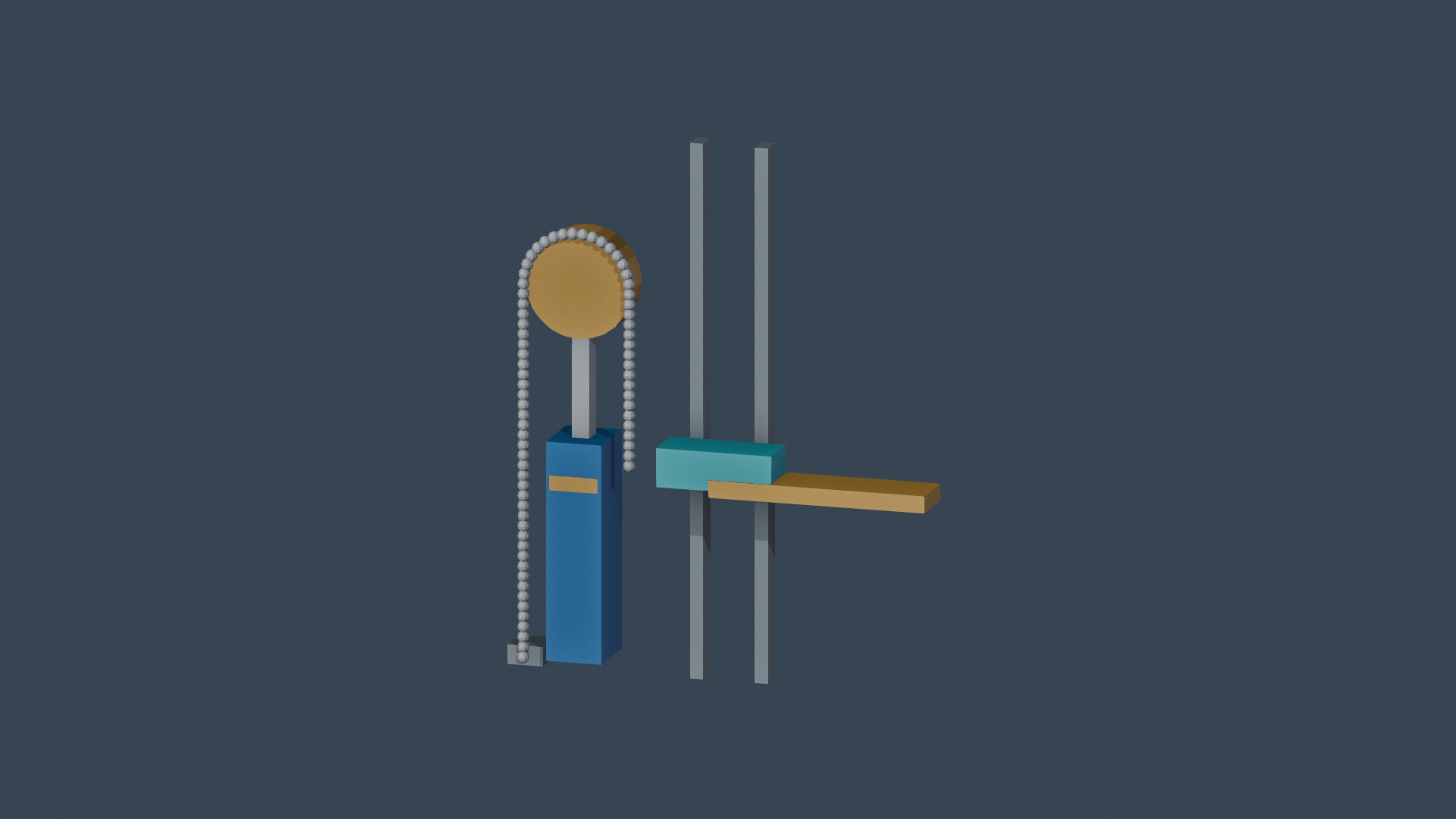 A separate simplified mechanism shows the cylinder raising a chain pulley and the chain lifting the carriage.